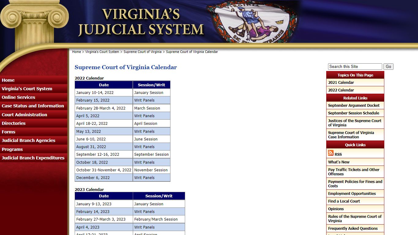 Supreme Court of Virginia Calendar - Judiciary of Virginia