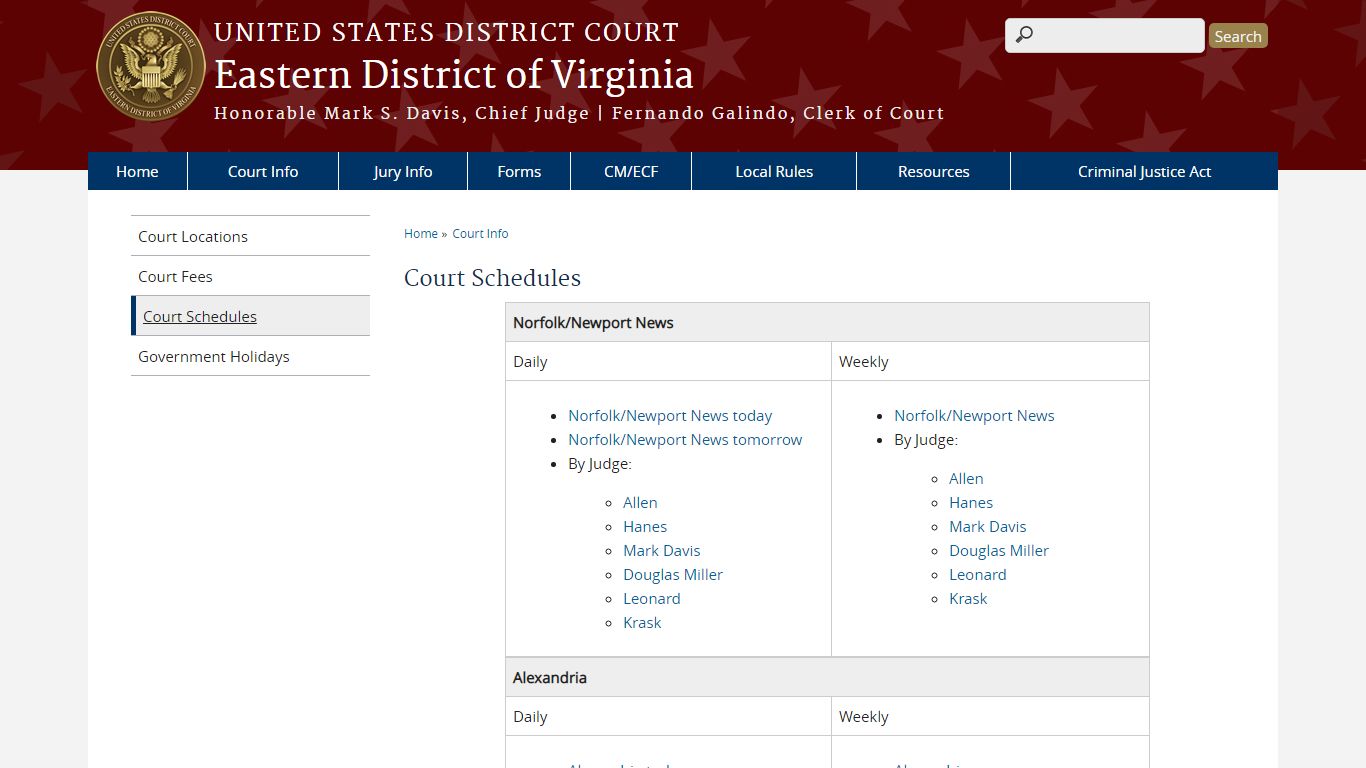 Court Schedules | Eastern District of Virginia - United States Courts