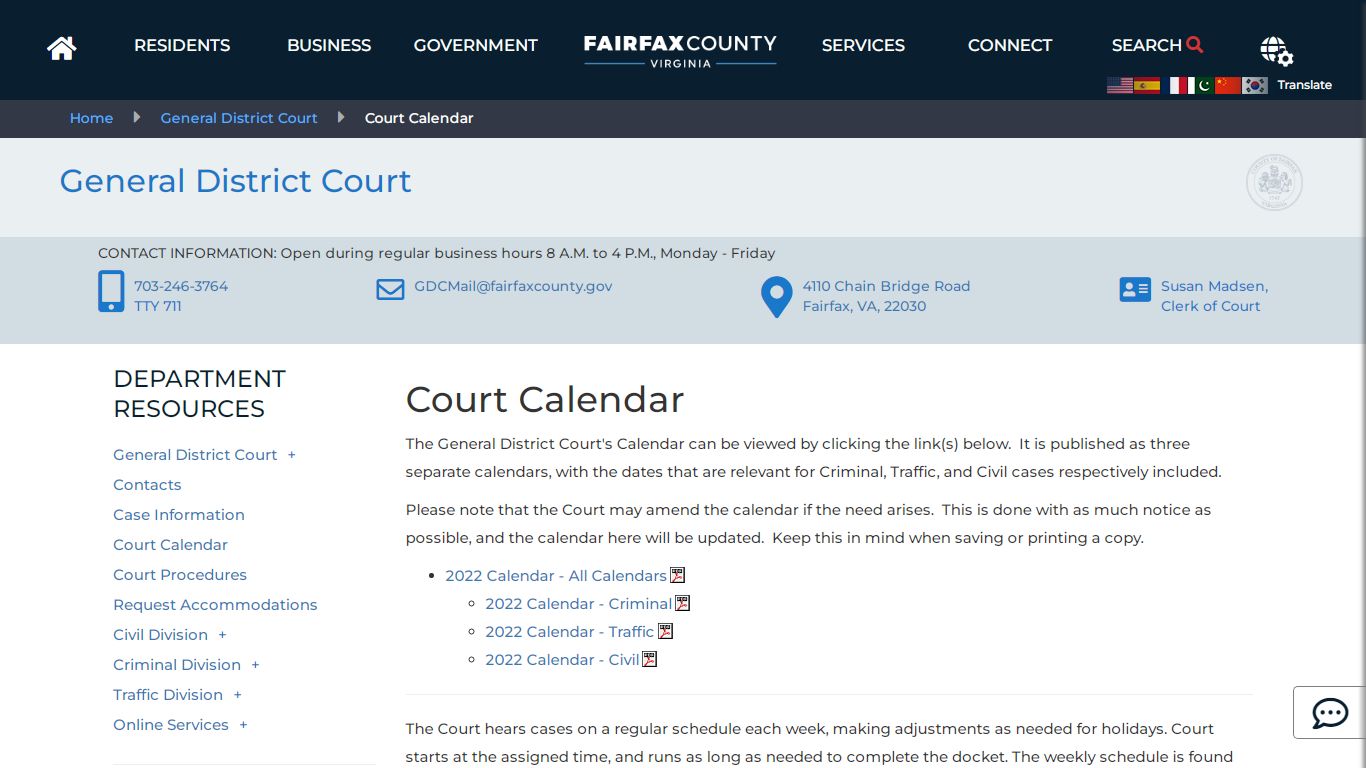 Court Calendar | General District Court - Fairfax County, Virginia